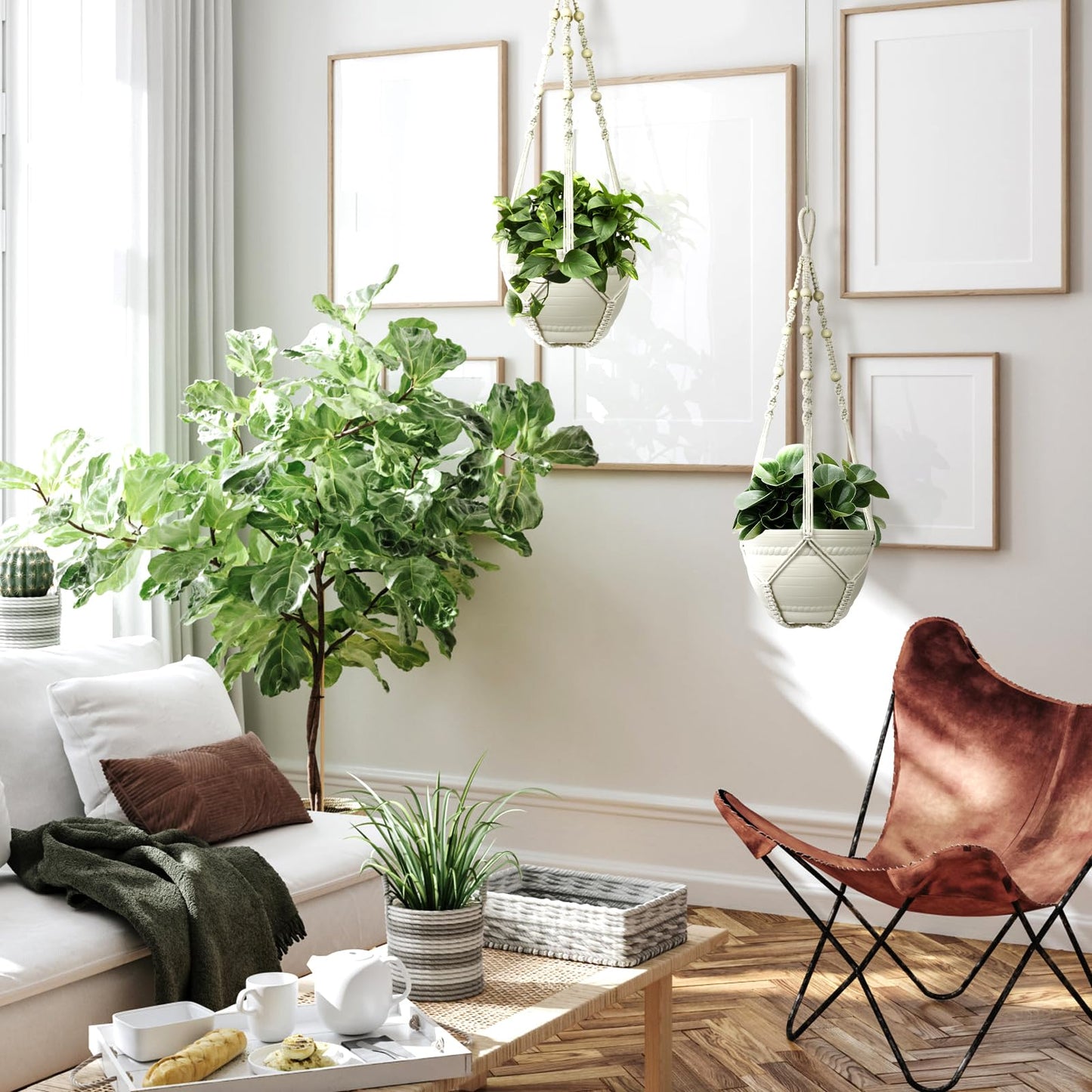 FGSAEOR Macrame Plant Holder Basket, Hanging 3-15 inch Pot, Bearing 20lb Planters, 35 Inches Extra Long Strong Boho Home Indoor Outdoor Décor (2-Pack) (Ivory)