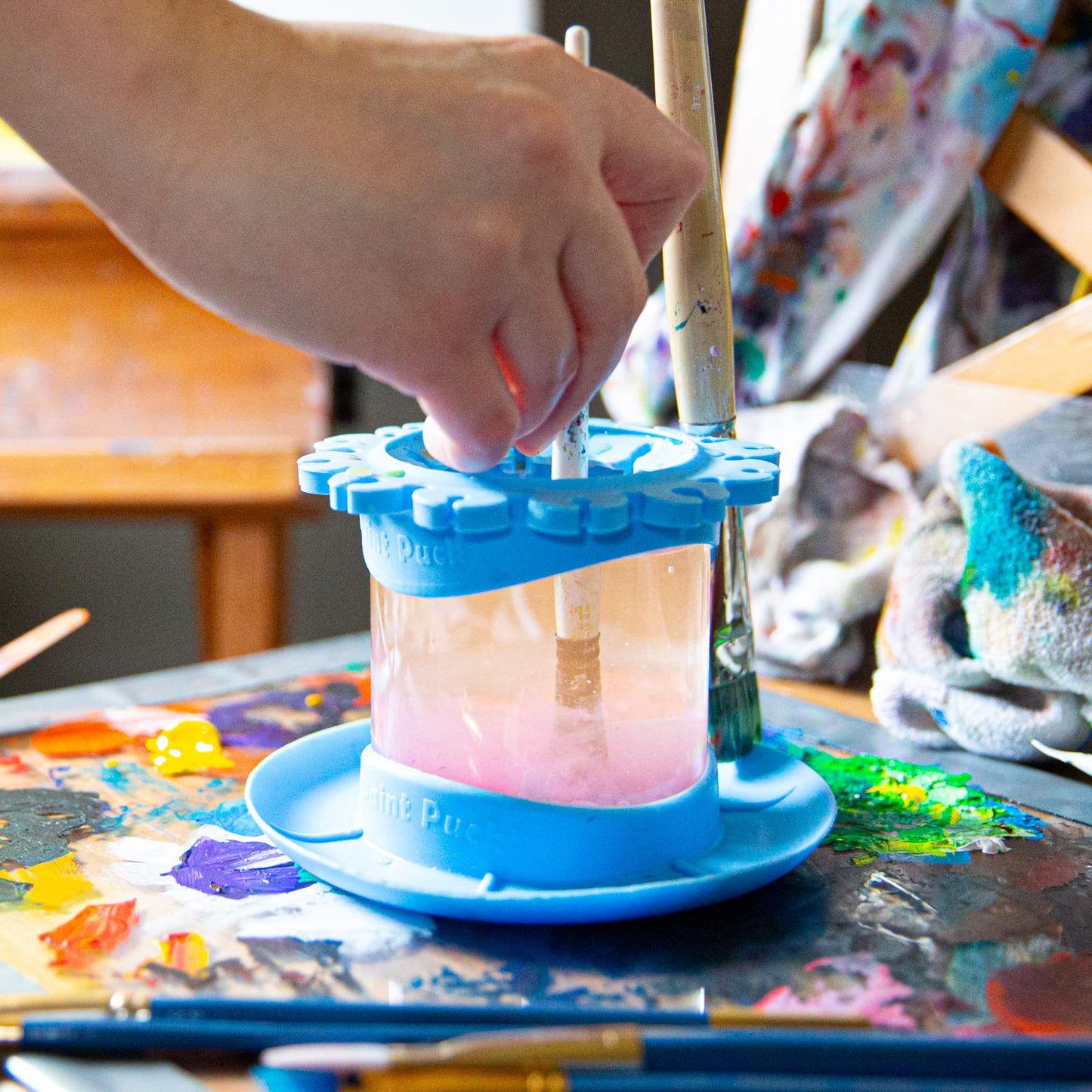 Paint Puck Ultimate Rinse Cup Paint Brush Cleaner (Blue, Mug) - Non-Spill Paint Water Cup & Brush Cleaner with Brush Holder, Squeegee Lips & Drip Tray for Acrylic, Watercolor & Art Supplies