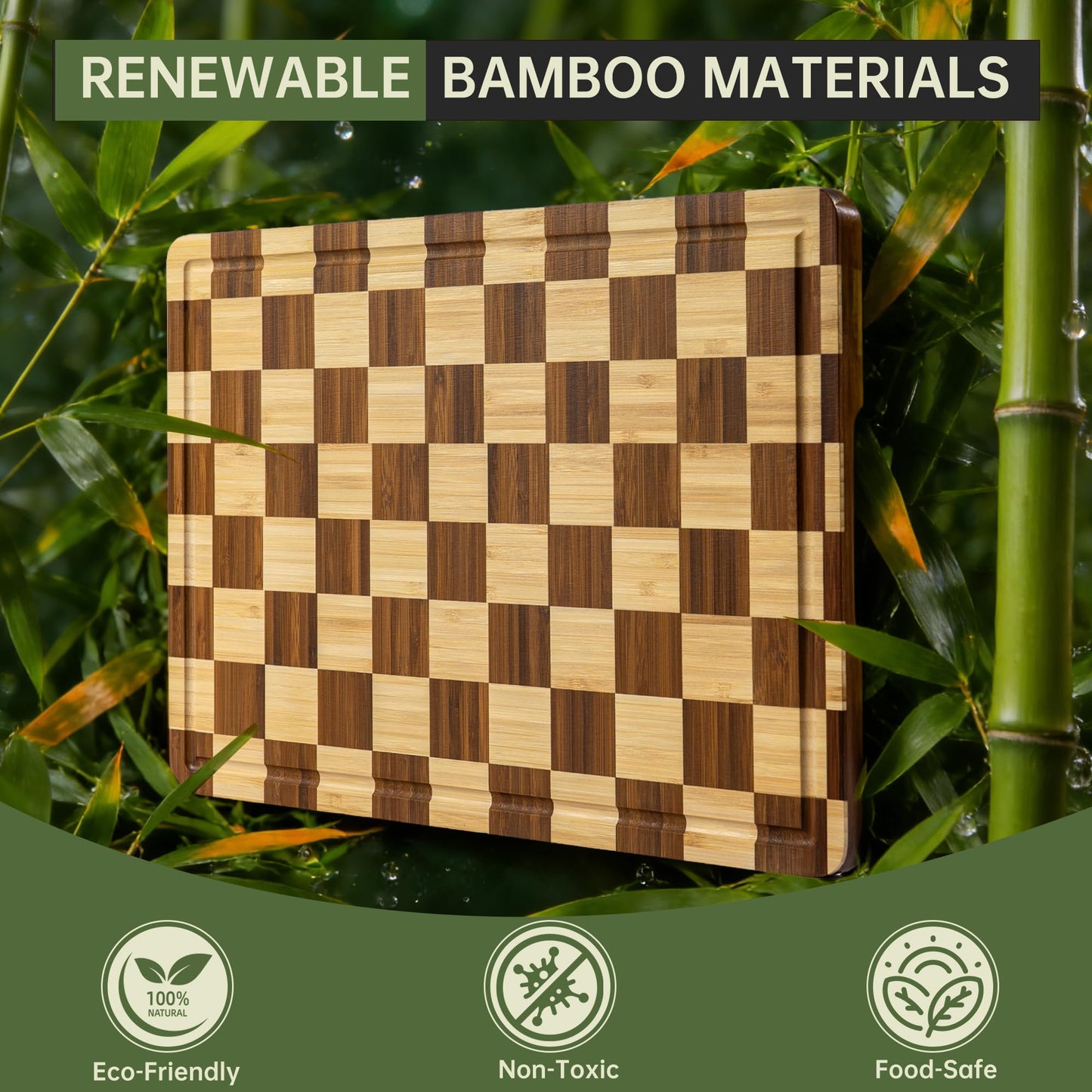 THETCHRY Bamboo Cutting Boards for Kitchen, Checkered Wooden Cutting Board with Juice Groove, Non Slip, Non Toxic Serving Tray, Thick Large Chopping Board Gift for Home Chef, 16.5” x 11.6” x 0.8”