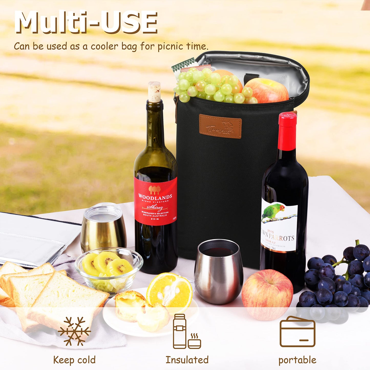 Tirrinia 2 Bottle Leakproof Insulated Wine Tote Carrier Bag - Padded Cooler for Travel, Restaurants, Tasting, Parties, Great Gift for Wine Lovers