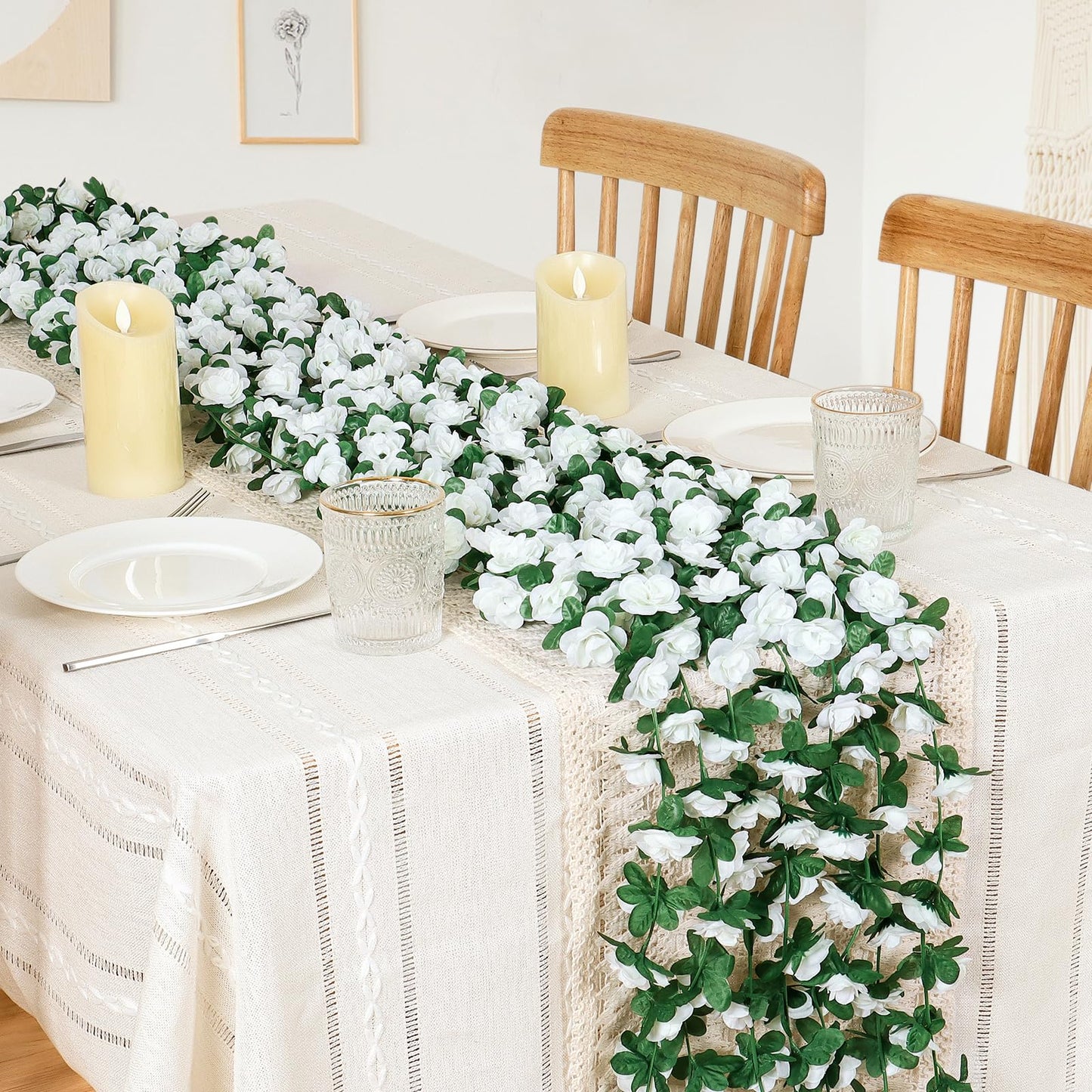 KHOYIME 9 Pack 72 FT Artificial Flower Garland, Fake White Roses Vines Silk Flowers Faux Plastic Outdoor Hanging Floral Ivy Garland Decoration for Wedding Arch Bedroom Home Wall Backdrop Room Decor