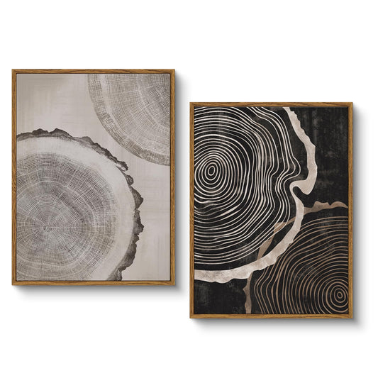 HUARCEY Framed Canvas Art Print Set 2PCS Wood Tree Ring Spiral Wall Art, Modern Neutral Nature Print Set of 2 Minimalist Abstract Nordic Wall Decor, Diptych Log Slice Wood Stump Painting