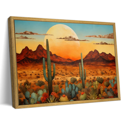 Framed Western Desert Sunset Cactus Wall Art, Vintage Southwest Nature Landscape Canvas Print, Rustic Wall Decor Picture, Boho Mexican Oil Painting for Living Room Bedroom Office bathroom 8x10 Inch