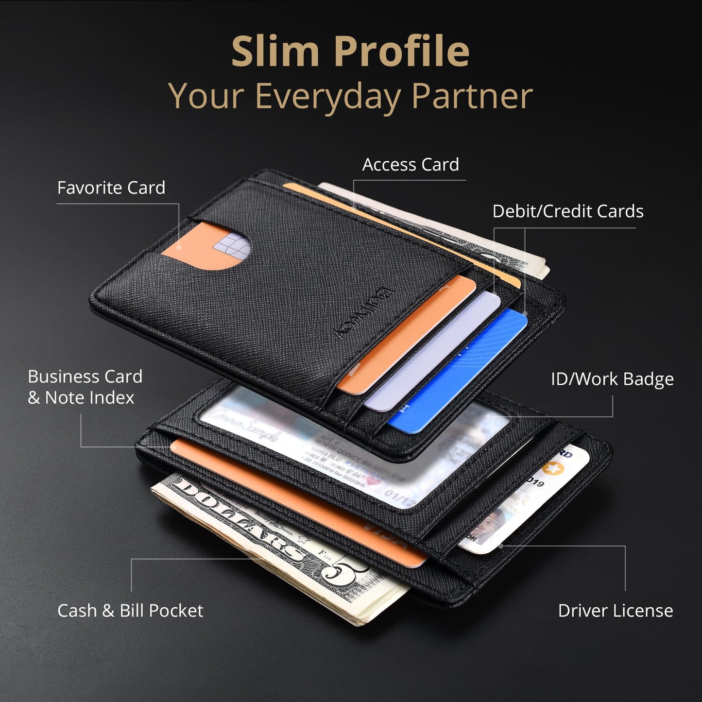 Buffway Slim Minimalist Front Pocket RFID Blocking Leather Wallets for Men and Women - Cross Black