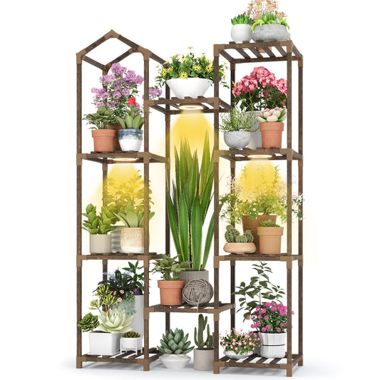 Sttoraboks Indoor Plant Stand with Grow Light, Tall 4-Tier Wooden Ladder Plant Shelf for Multiple Plants, Large Corner Plant Rack Holder for Living Room Patio