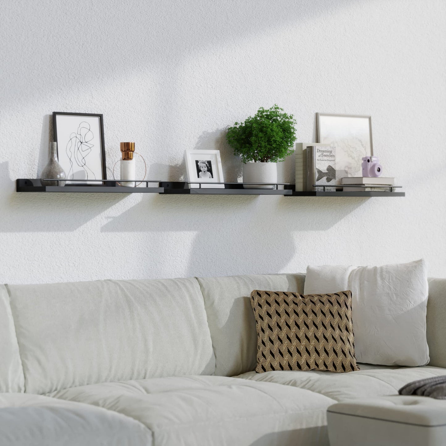 WOPITUES Floating Shelves with Black Metal Guardrail, Shelves for Wall Decor Set of 3, Wall Shelves for Bedroom, Bathroom, Kitchen, Living Room, Plants, Picture Frames, Art- Black