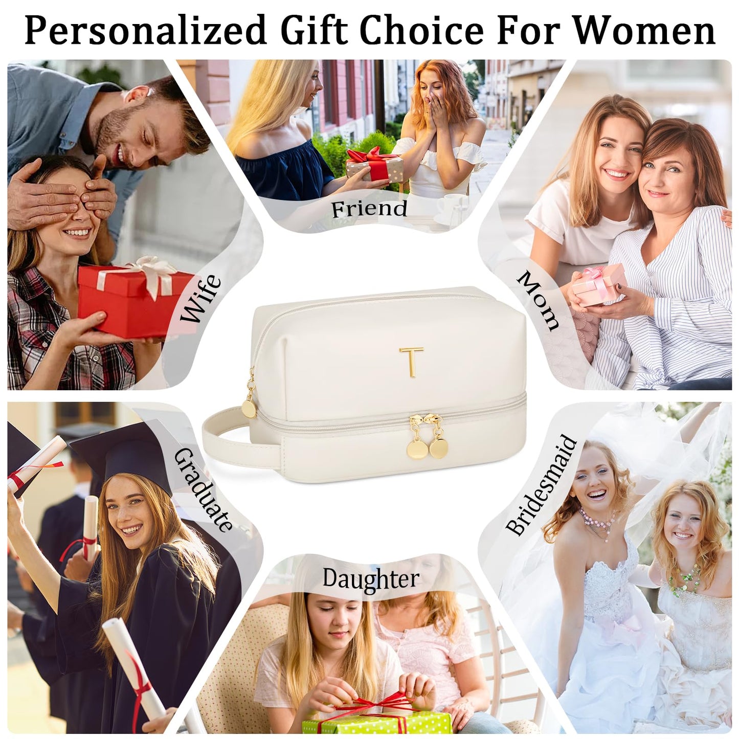 CLOUDWINGS Initial Makeup Bag for Women - Personalized Double Layer Cosmetic Bags with Makeup Brush Organizer, Hanging Travel Toiletry Bag with Large Capacity, Gifts for Mom Girlfriend Wife（Beige,T）