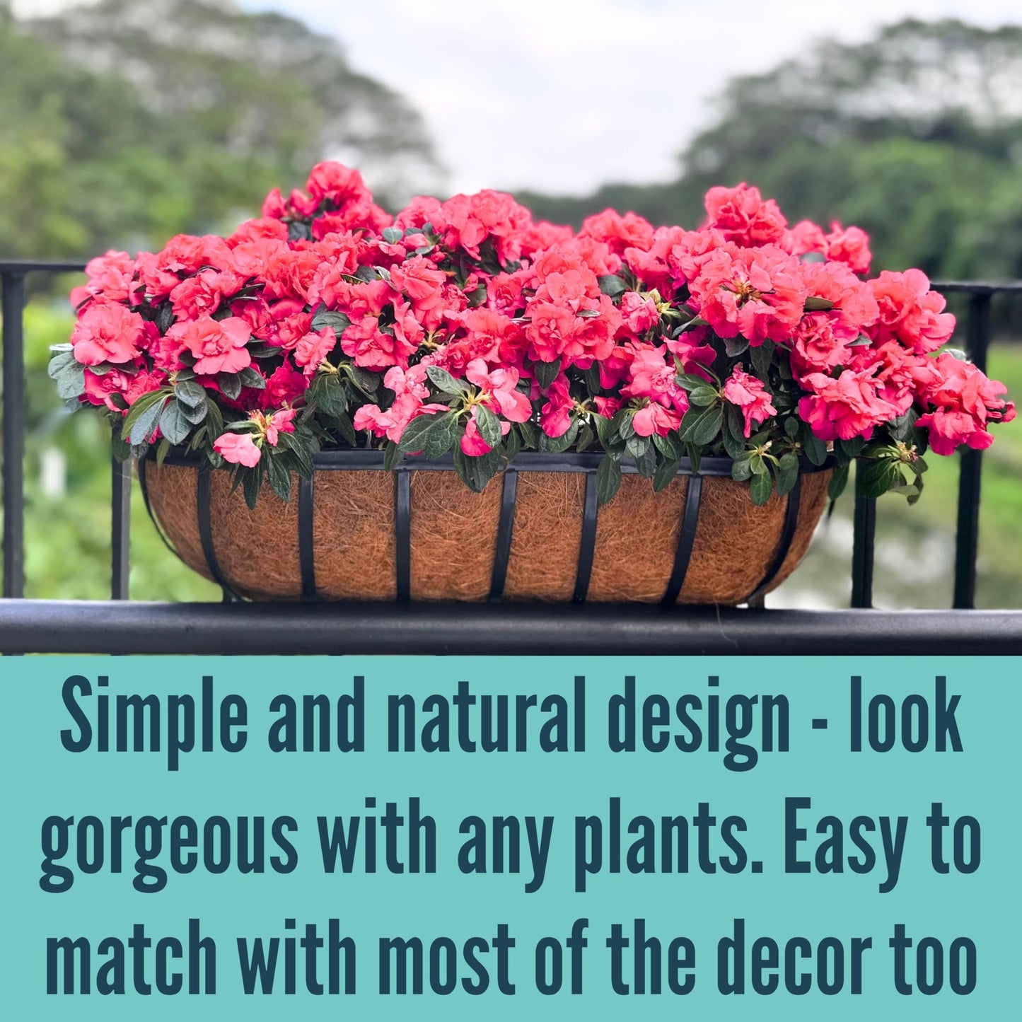 LaLaGreen Deck Railing Planter Boxes - 30 Inch, 4 Pack Wall Planters for Outdoor Plants, Window Flower Boxes Deck Railings with Coco Liners Metal Horse Troughs Fence Balcony Patio Porch Over Rail