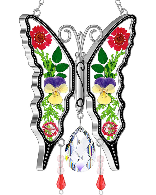 KY&BOSAM Crystal Butterfly Suncatchers Stained Glass Sun Catcher for Window Haning Wind Chime with Dried Flowers and Colorful Rainbow Prisms Charms for Mom Birthday Christmas Decor