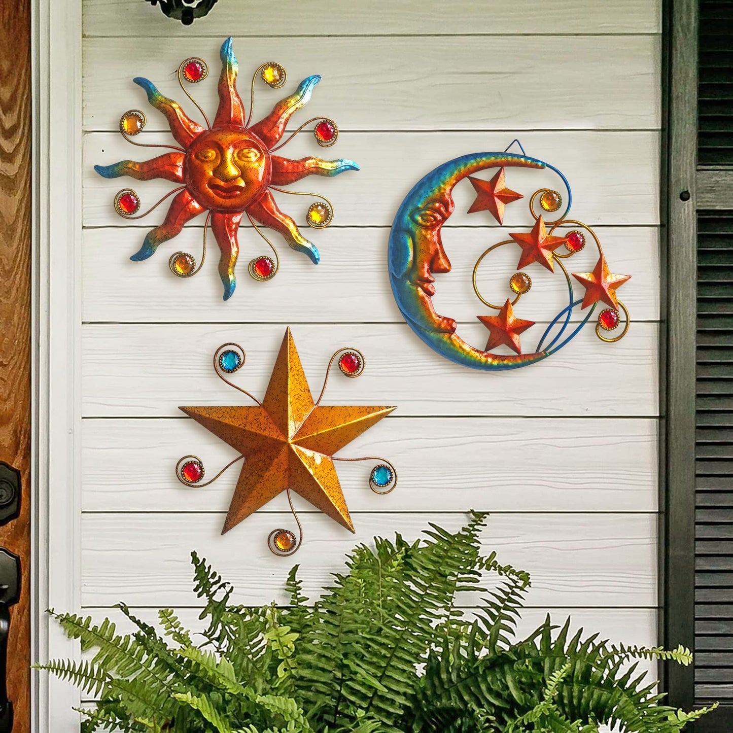 Limygus Metal Wall Art Sculpture, Set of 3 - Celestial Wall Decoration - Sun Moon Star Decorative Silhouette - Waterproof Wall Hanging Decor for Home Office, Bedroom, Bathroom, Living Room