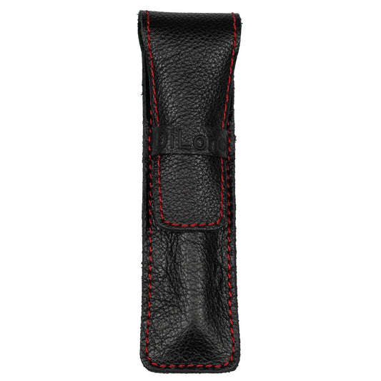 DiLoro Full Grain Leather Single Pen Case Holder Pouch Pencil Organizer (Buffalo Black w Red)