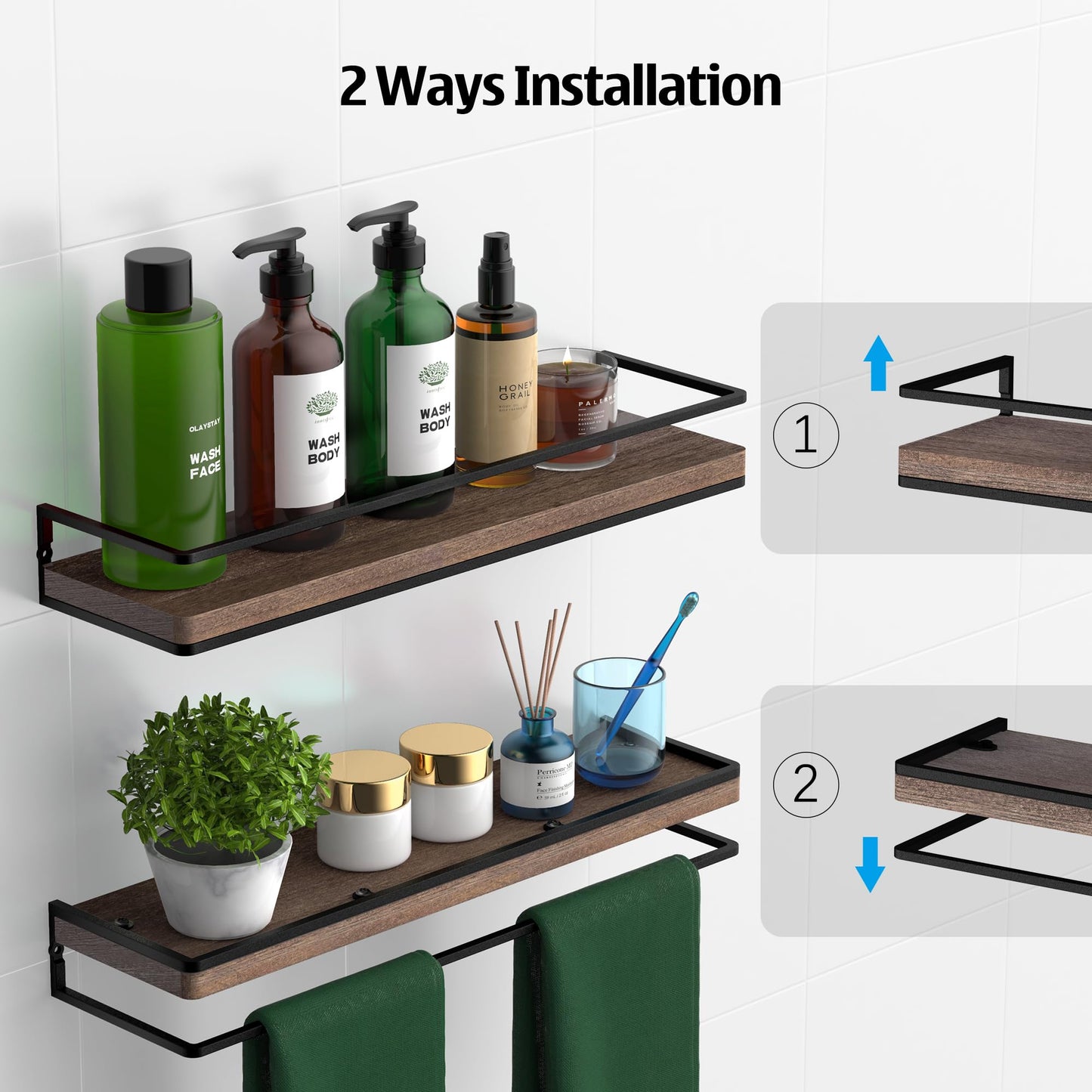 Meangood Floating Shelves Wall Mounted Set of 2, Rustic Wood Wall Storage Shelves for Bedroom,Living Room,Bathroom, Kitchen Brown