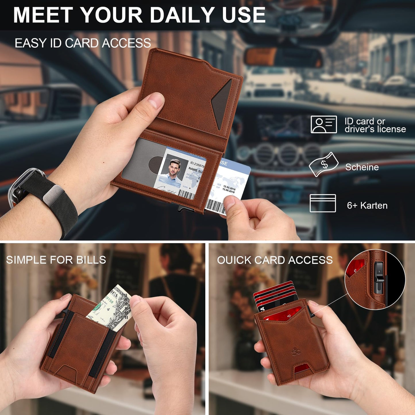 Wallet for Men Wallet with Slim Pop Up Card Holder 9-13 Cards, Bifold Minimalist Smart Wallet RFID Blocking Credit Card Holder with ID Window & Stretchable Cash Slot Compact Metal Aluminum Card Case