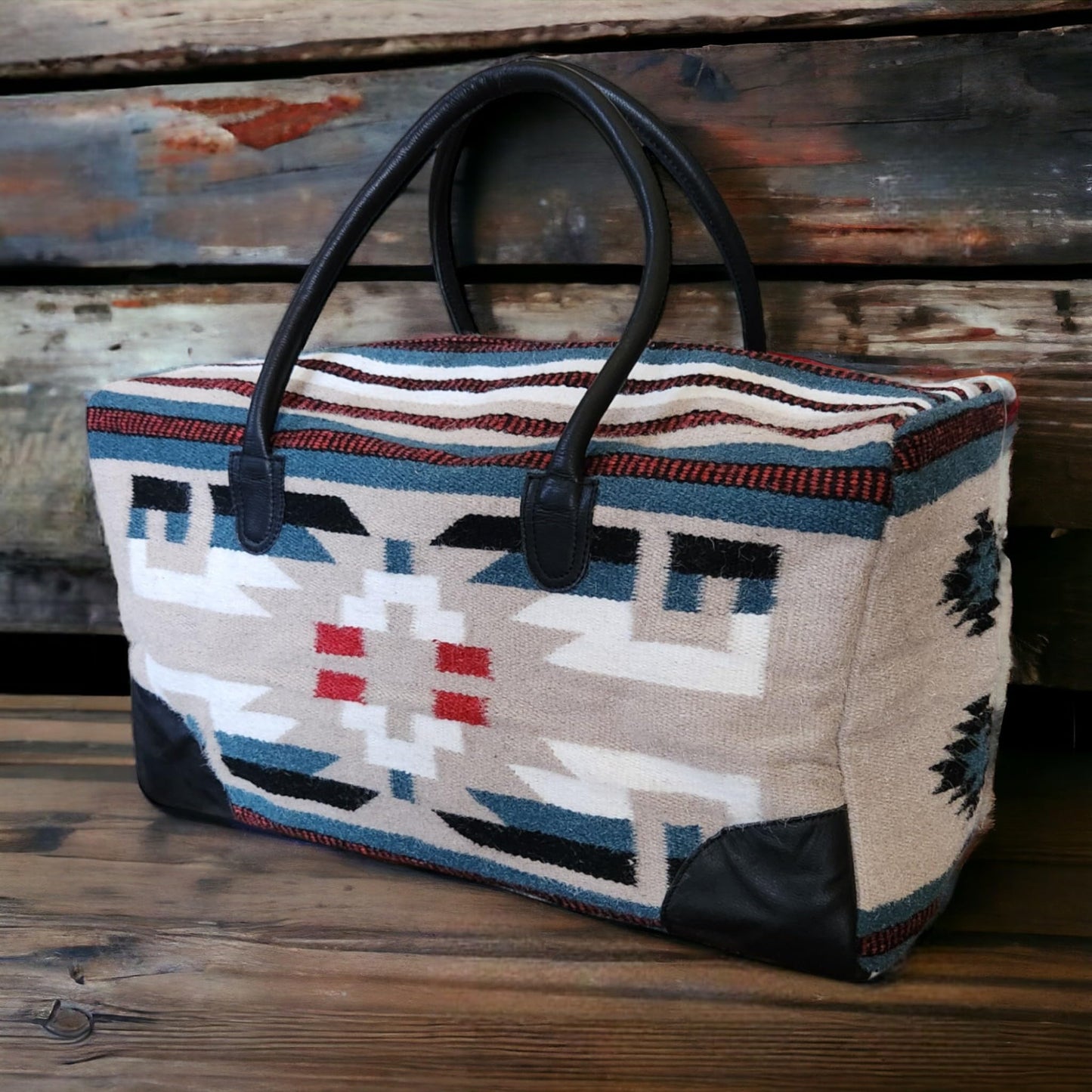 Aztec Large Weekender Southwestern Duffel Bag Saddle Blanket Bag 100% Leather Handles (Sahara)