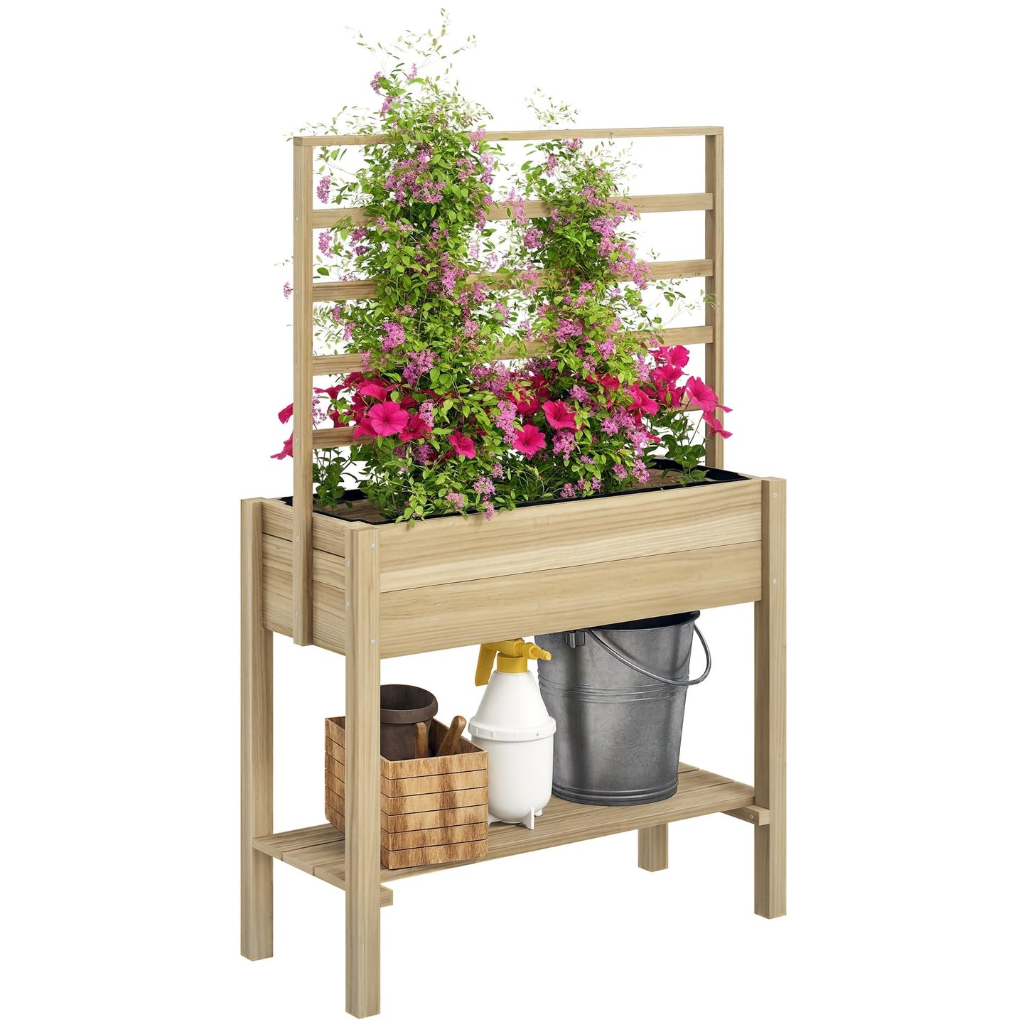 Outsunny Wooden Raised Garden Bed with Trellis, Elevated Planter Box with Storage Shelf, Drainage Holes and Liner, Outdoor Flower Box for Vegetables, Flowers, Herbs