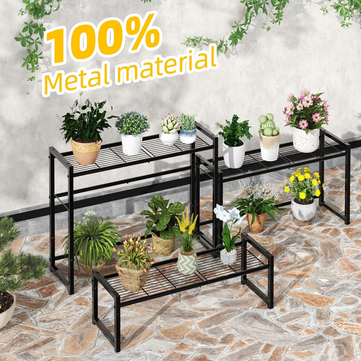 Simple Trending 3 Tier Metal Plant Stand Outdoor Indoor Waterproof, Stackable Heavy Duty Tall Plant Shelf Flower Pot Holder for Garden, Display Rack, Black
