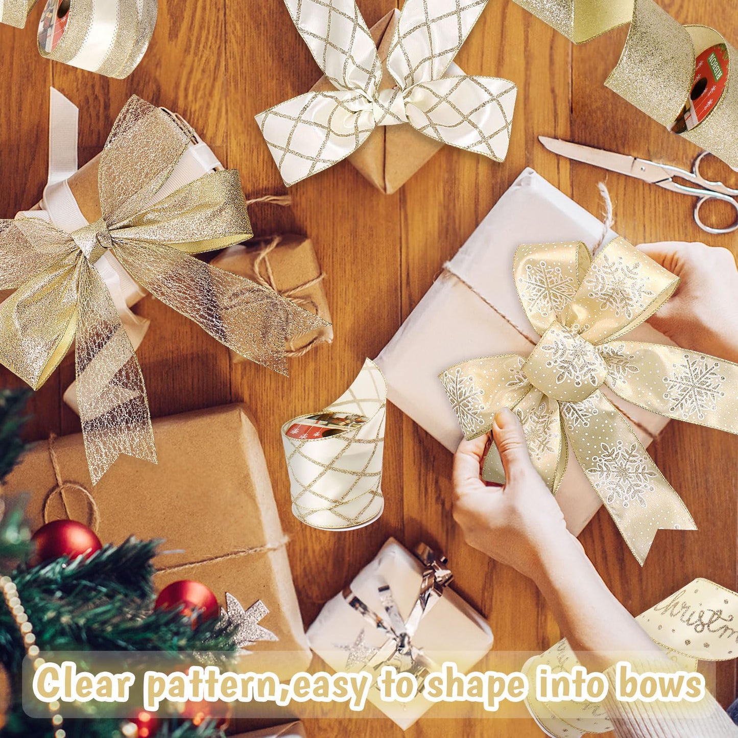 Tsorode Christmas Ribbon Wired 2.5 inch,6 Rolls 36 Yards Champagne Gold Christmas Tree Ribbon,Holiday Wired Ribbons for Tree Topper Bow Wreath Gift Wrapping Xmas Decorations (Champagne Gold)
