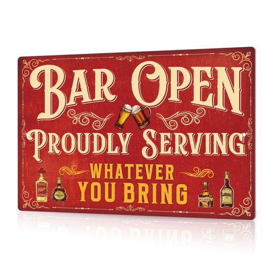 Putuo Decor Bar Sign For Home Bar, Drink Vintage Metal Tin Sign, Bar Open Proudly Serving Whatever You Bring, Bar Wall Art Decor For Home Bar Pub Club Garage Man Cave 8 X 12 Inches Aluminum Metal