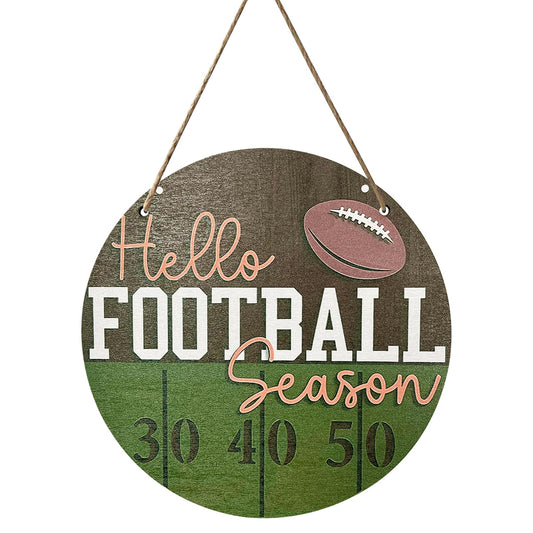 Football Wooden Hanging Sign Hello Football Season Wall Plaque Football Game Sports Welcome Wreath Decor Sign Door Hanger for Farmhouse Home Wall Window Porch Tabletop Party Decor Supplies