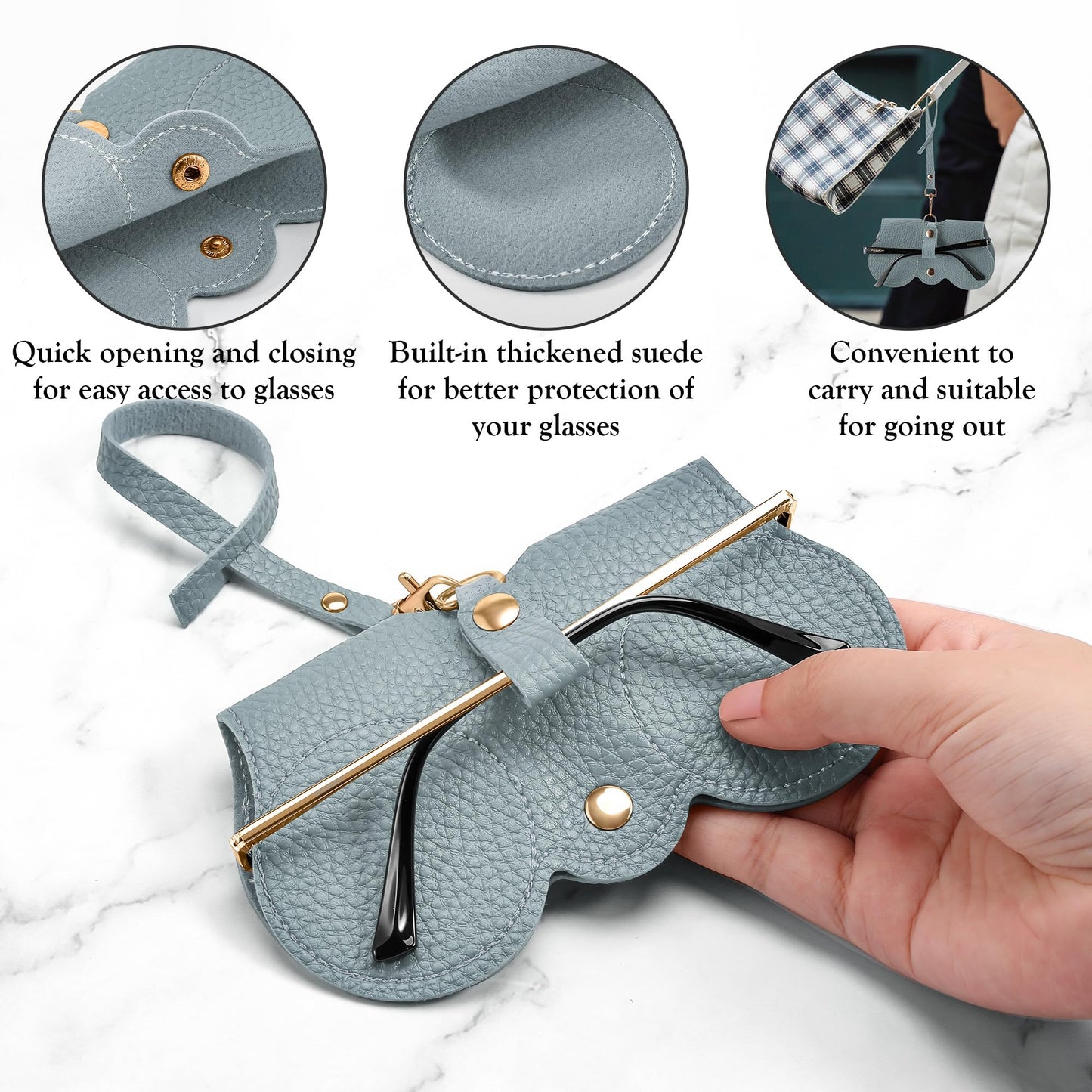 FEISEDY 2Pack Soft Leather Sunglass Bag, Holder Eyeglasses Case, Portable Glasses Pouch With Button Clip Wrist Strap B0049