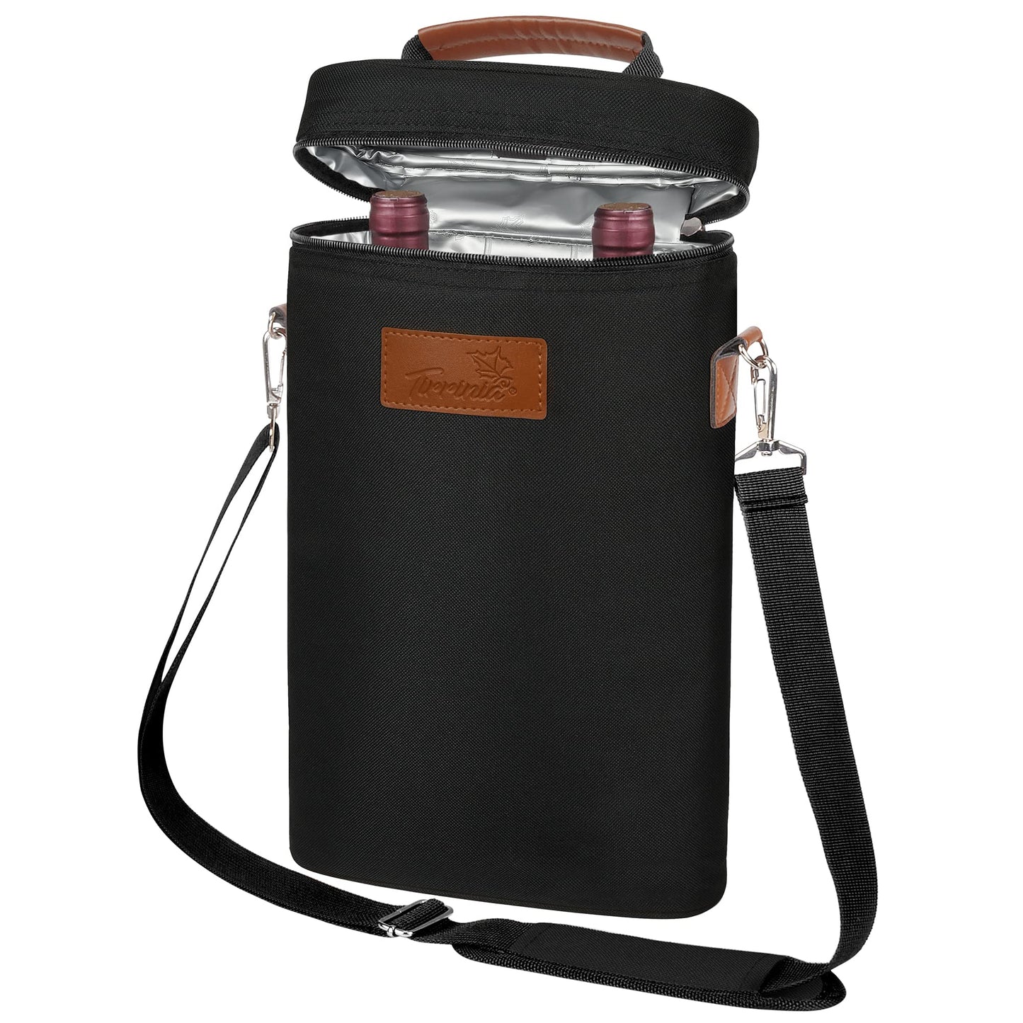 Tirrinia 2 Bottle Leakproof Insulated Wine Tote Carrier Bag - Padded Cooler for Travel, Restaurants, Tasting, Parties, Great Gift for Wine Lovers