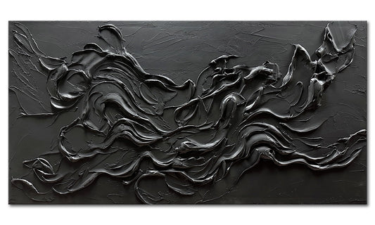 zoinart Hand Painted Large Black Wall Art 30"x60" Thick Texture Minimalist Oil Paintings Contemporary Art Oil on Canvas Abstract Textured Wall Art Pure Black Wall Art