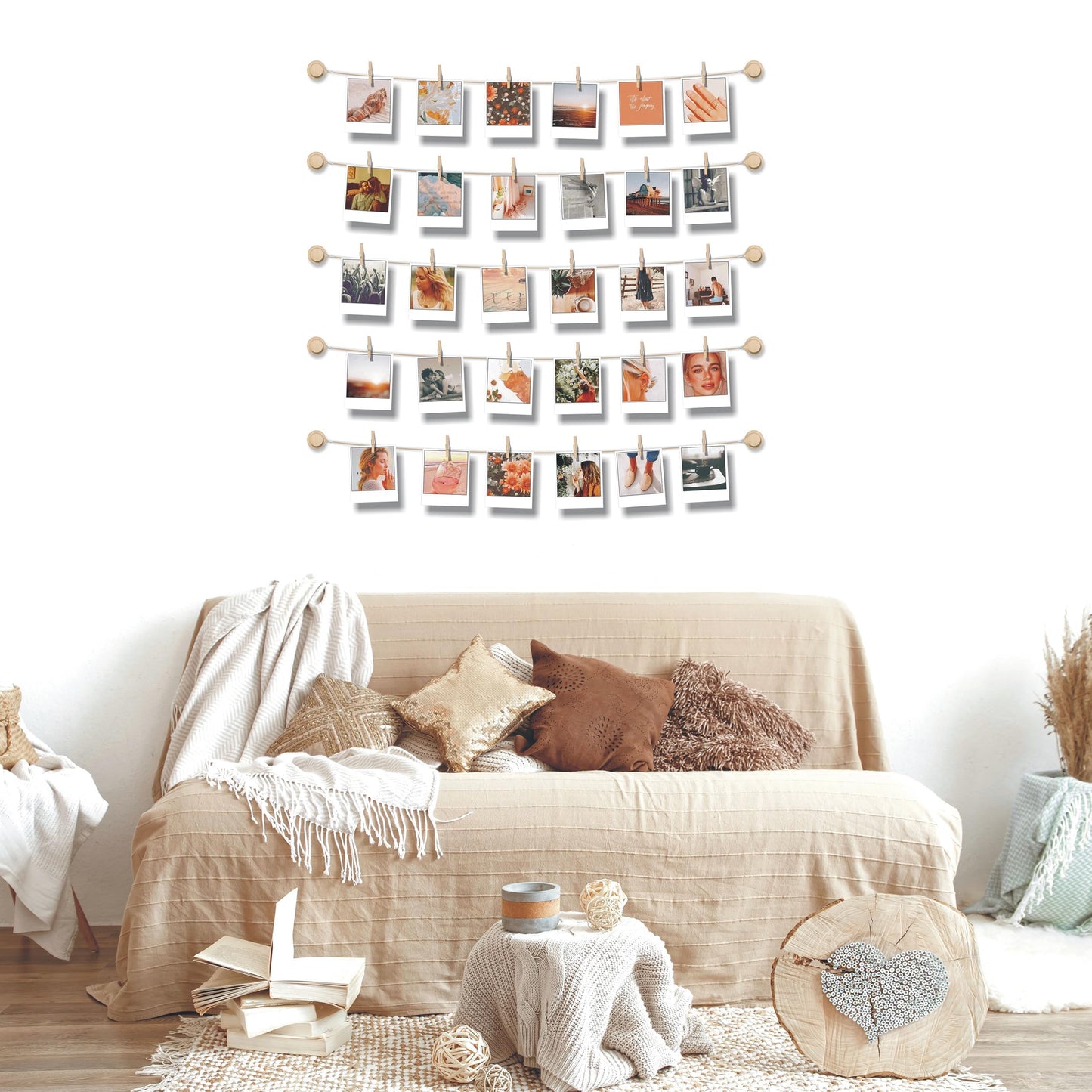 BIZYAC Hanging Photo Display Room Wall Decor - Sculptural Picture Frames Collage - 5 Strings with 30 Clips - 3M Self Adhesive Hooks - No Holes Drilling - 30 x 30 inch