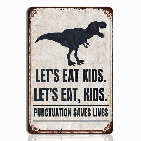 Funny English Classroom Wall Art - Punctuation Saves Lives Metal Sign - Let's Eat, Kids Grammar Decor for High School and Middle School Teachers, English Teacher Gift, 8"x12" Metal Poster