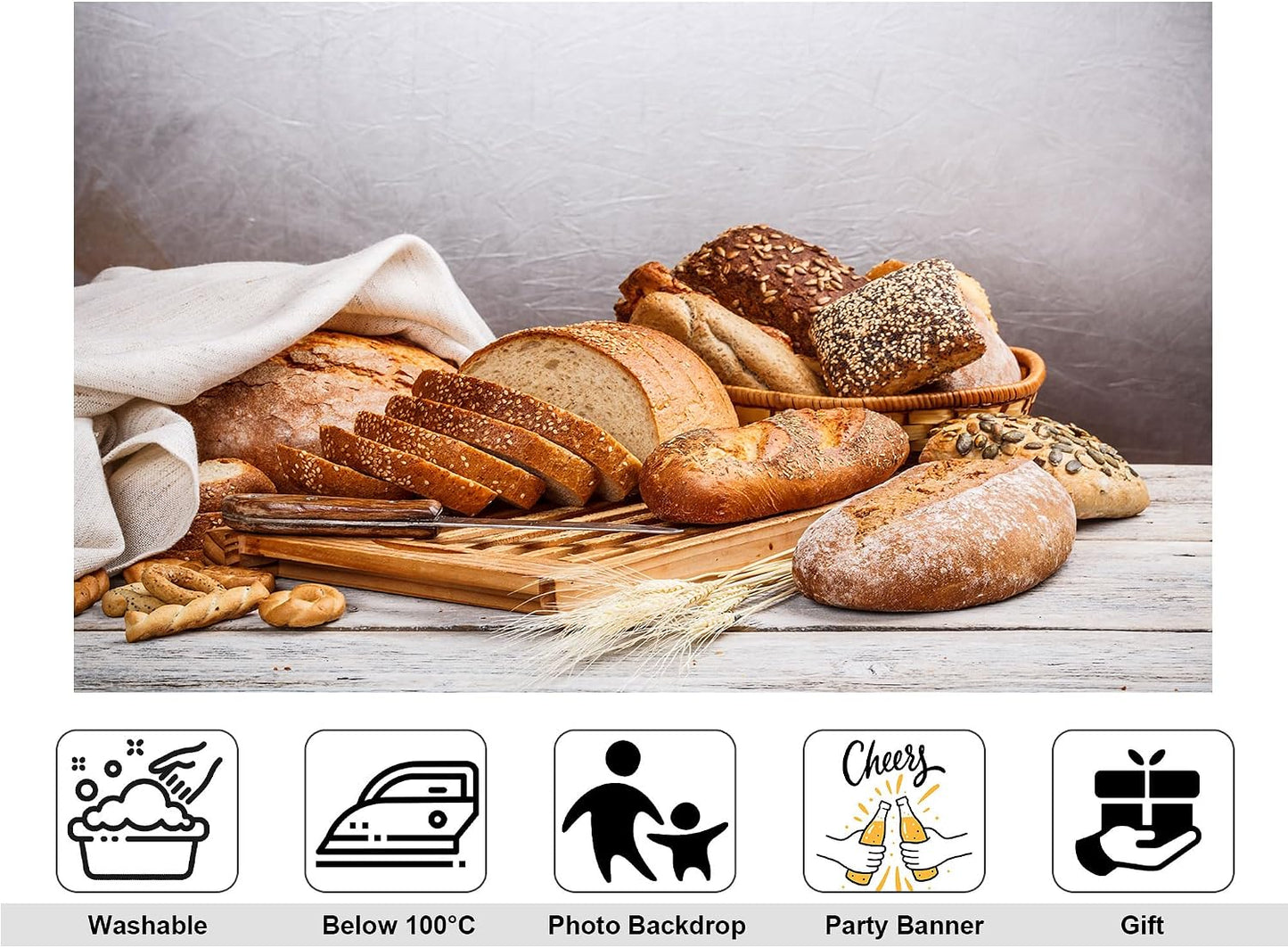 KeyWork 9x6ft Artisan Bread Assortment Backdrop Fresh Bakery Photography Background for Party Food Themed Gathering