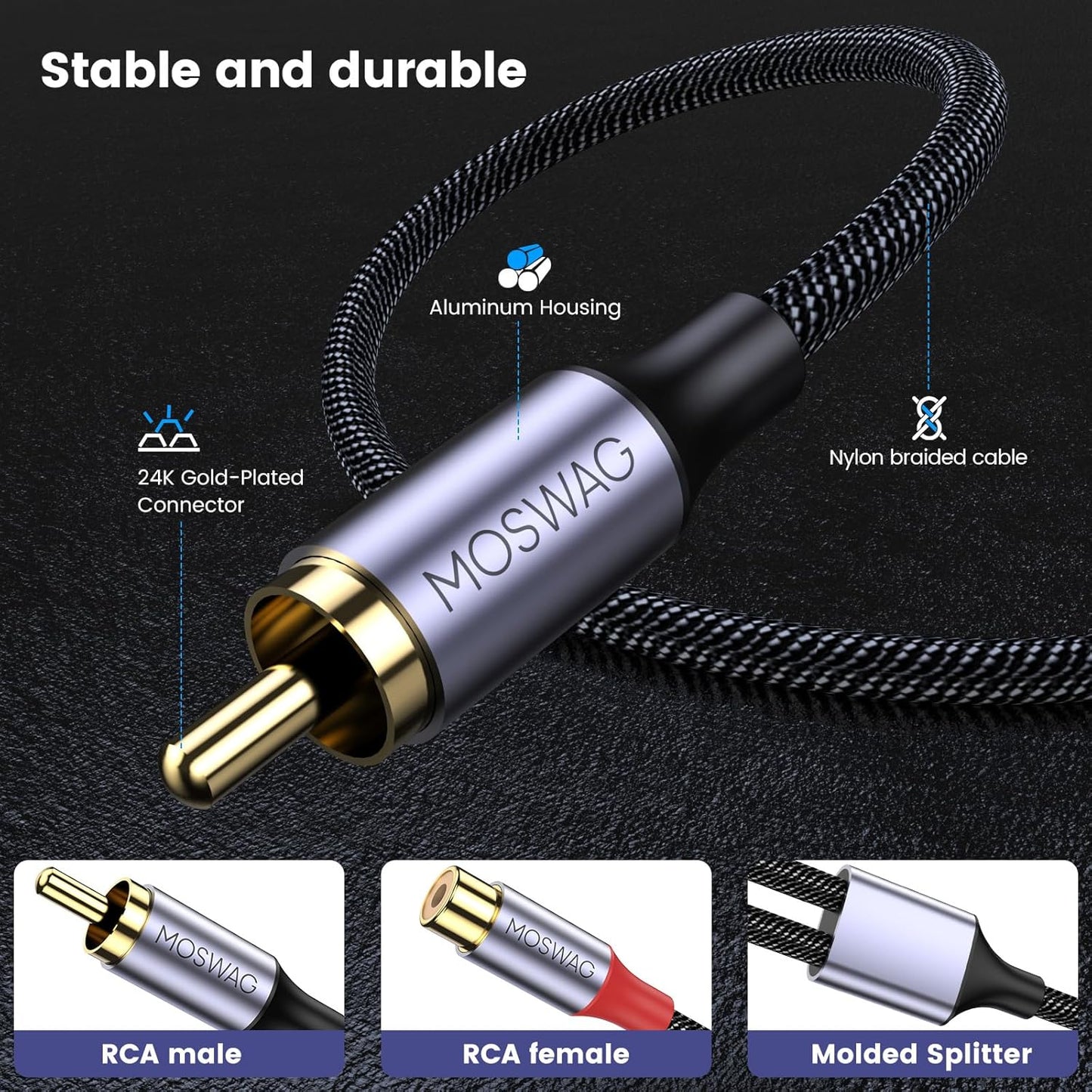 1 2 MOSWAG Male to Female, RCA Y Splitter RCA Cable Audio Video Splitter Adapter Extension Cord Compatible
