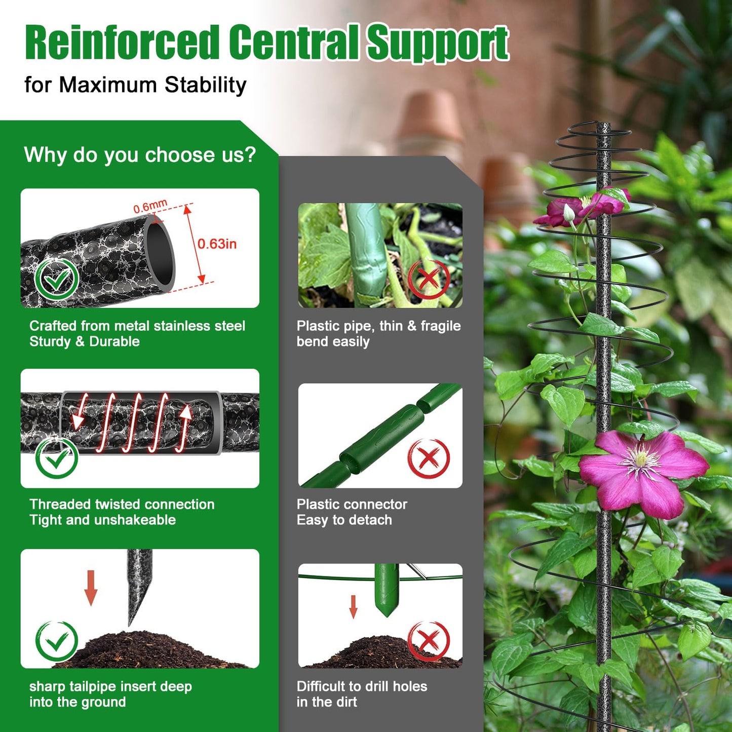 2 Pack Spiral Metal Garden Trellis for Climbing Plants Outdoor Indoor - 44" Adjustable Plant Support Tower with Center Pole, for Outdoor Garden, Raised Bed, Backyard, House Flower Pots & Planters
