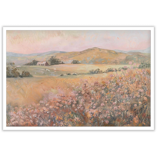 Vintage Pastel Wildflower Landscape Posters Retro Peach Pink Flower Mountain Canvas Wall Art Rustic Style Natural Scenery Prints Painting For Home Bedroom Dorm Wall Decor 12x16in Unframed