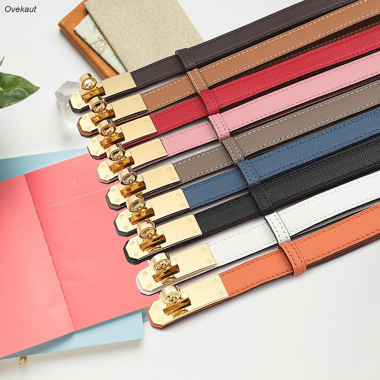 Ovekaut Women Skinny Leather Belt,Solid Color Alloy Turn Lock Adjustable Belt,Ideal for Dresses Jeans Coats Belt (Shallow Khaki/Gold)