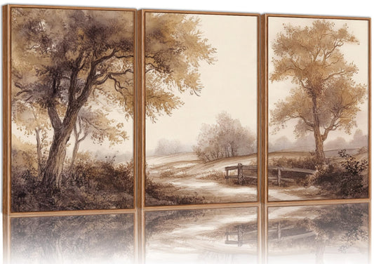 Rantodecor Vintage Landscape Framed Canvas Wall Art Triptych, Rustic Tree Sketch Wall Decor, Large Claming Nature Forest Art Paintings, Modern Relax Farmhouse Artwork for Bedroom Living Room 24"x36"x3