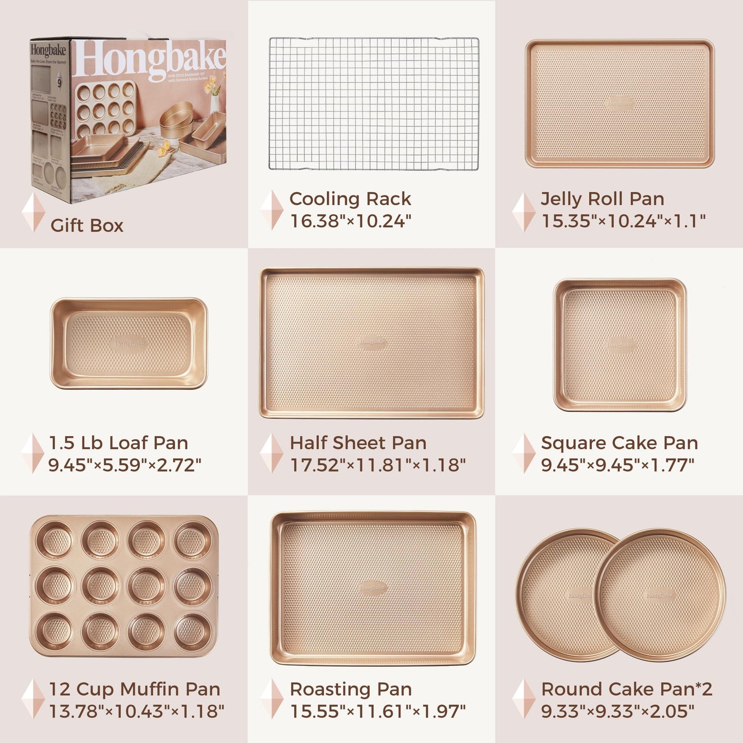 HONGBAKE 9-Piece Baking Pans Set Nonstick, Stackable Non Toxic Bakeware Sets with Diamond Texture, Oven Pan Set for Cooking, Includes Cookie Sheet with Rack, Cake Pan, Roasting Pan, Muffin Tin, Gold