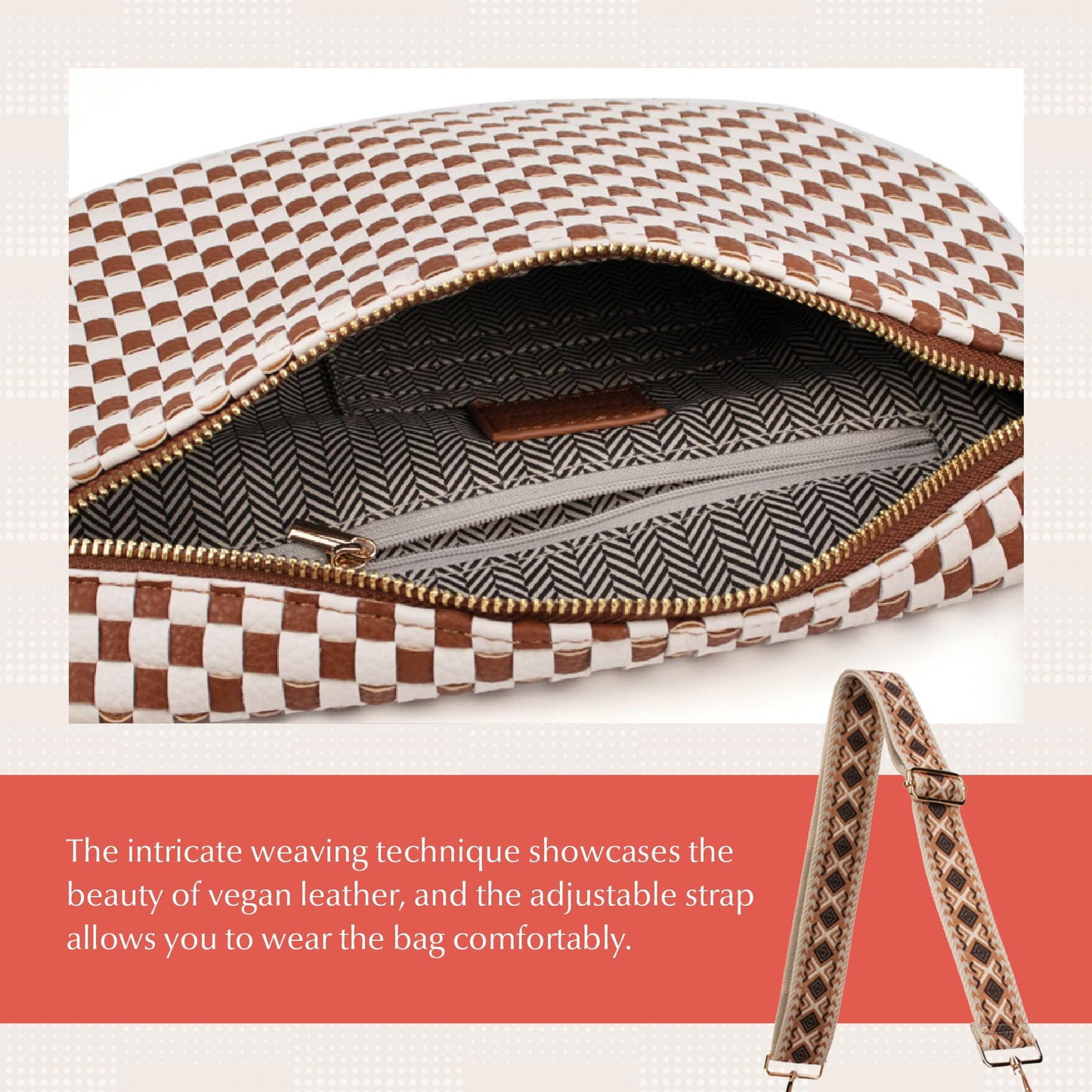 Babs + Birdie The Fiona | Woven Bum Bag | Stylish Woven Crossbody Pack | Adjustable Strap for Travel Festivals & Everyday | Brown & White Checkered