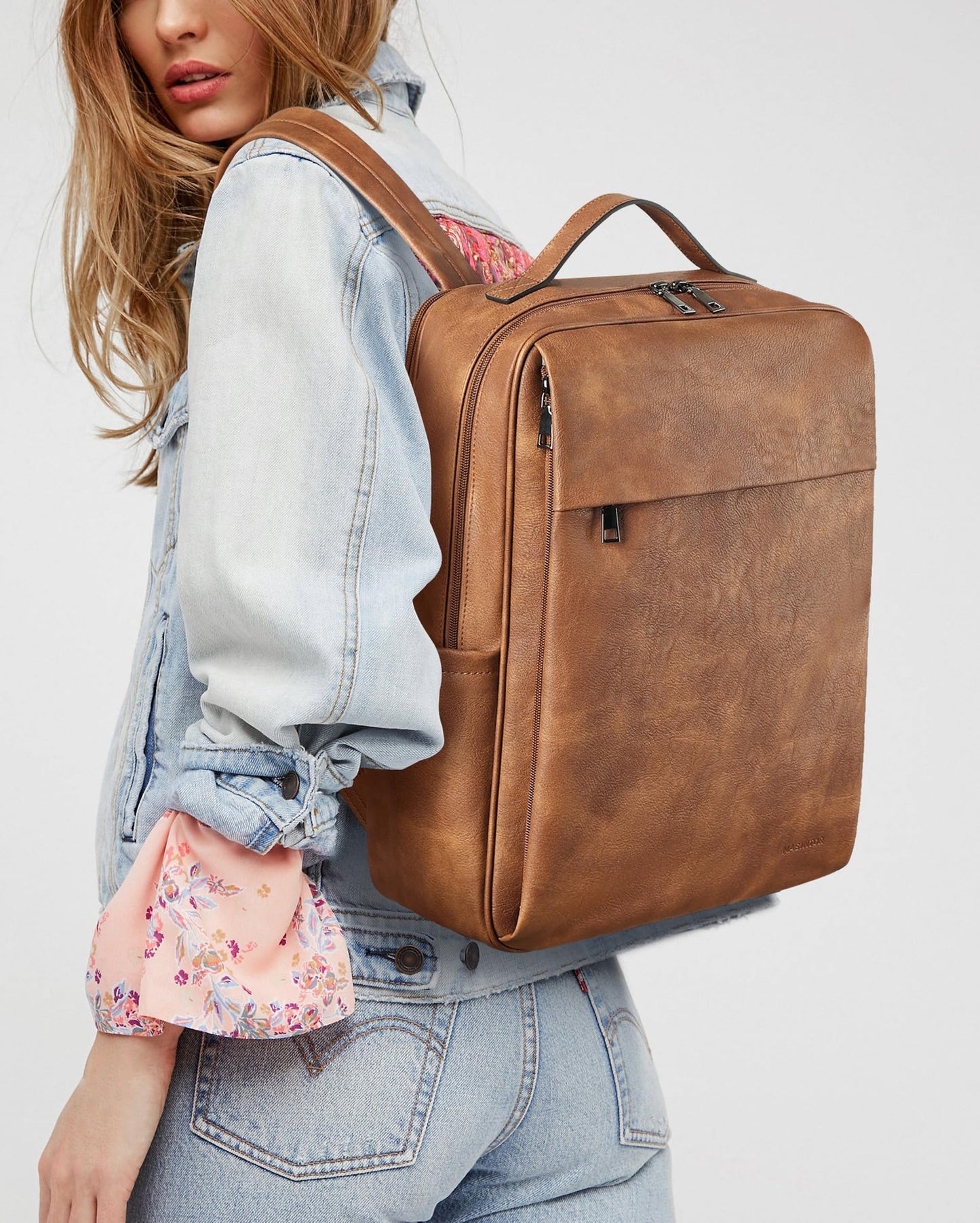 MASINTOR 15.6 inch PU Leather Laptop Backpack Purse for Women, Large College Casual Backpack Travel Bag Mocha Brown
