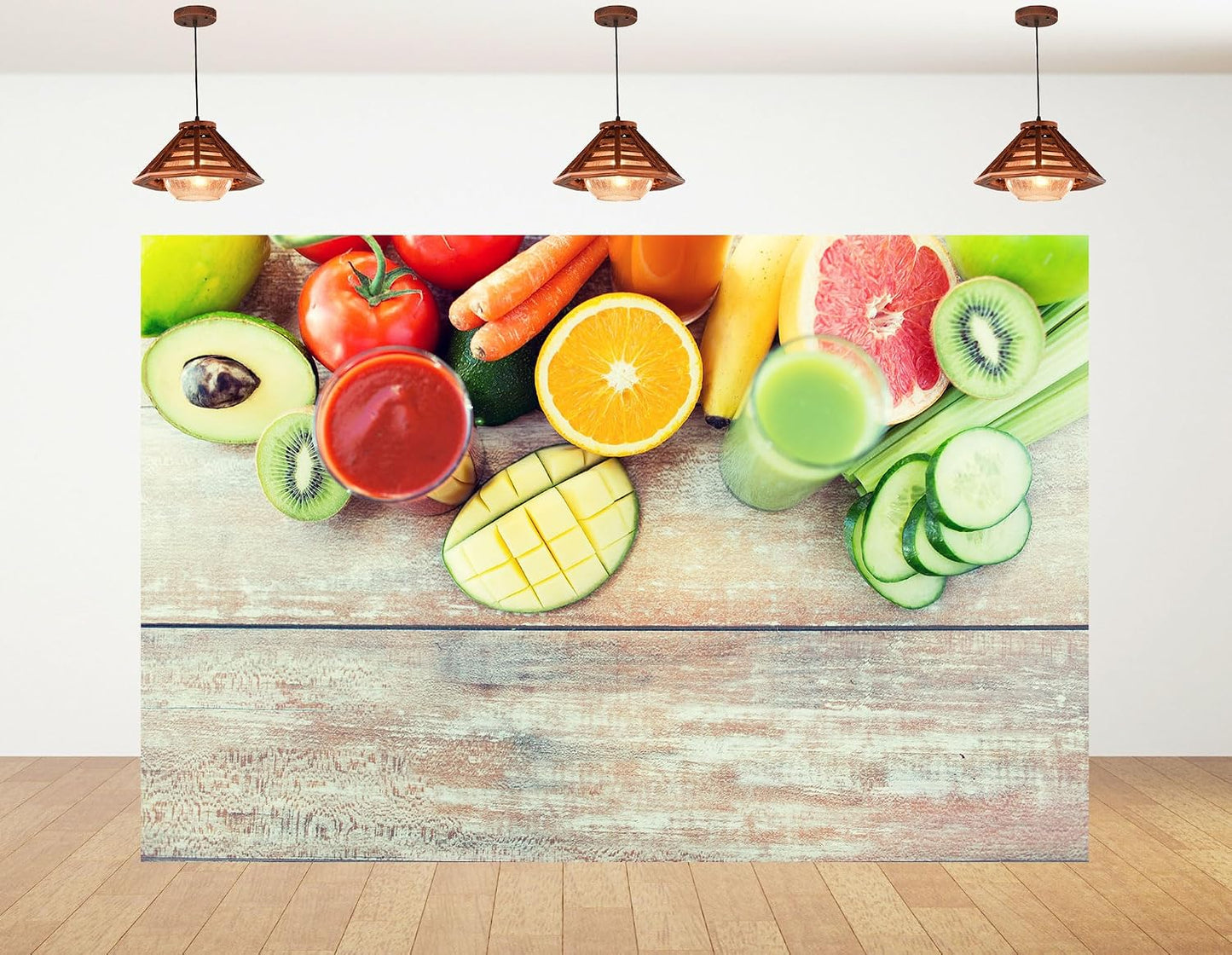 KeyWork 10x7ft Fresh Fruit Smoothie Backdrop Colorful Produce Wooden Table Photography Background for Healthy Themed