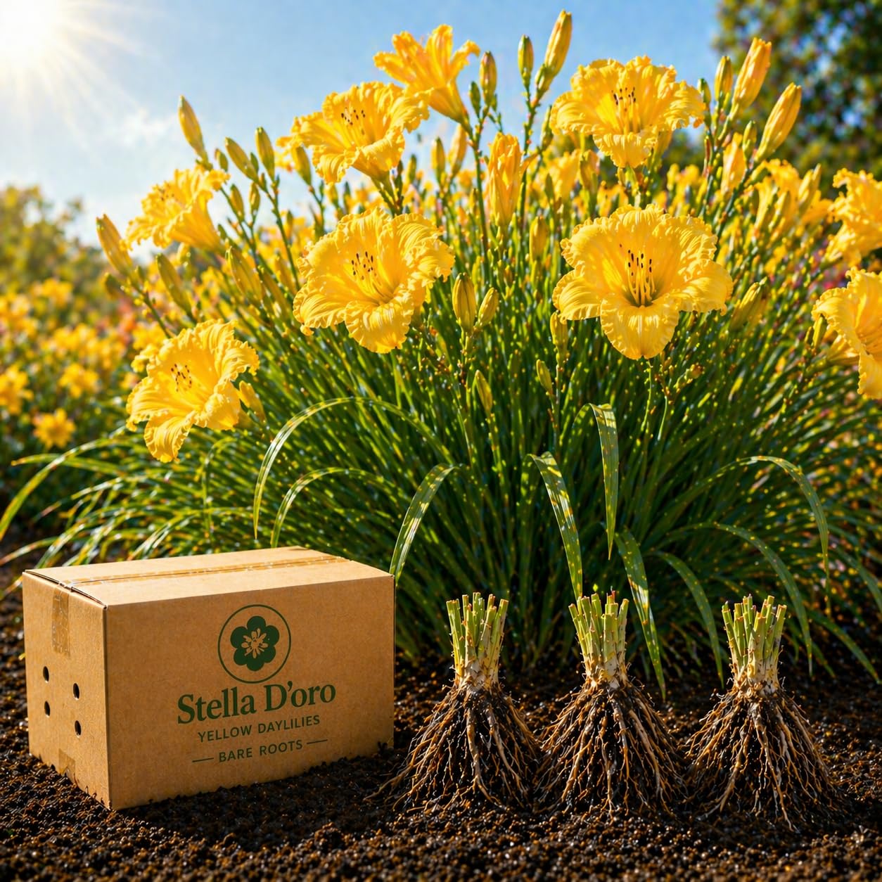 American Stella D’Oro Daylily Bare Roots – Perennial Hemerocallis for Spring Planting – Easy-to-Grow Outdoor Garden Flowers – Attracts Butterflies & Bees (3, Three Bare Roots)