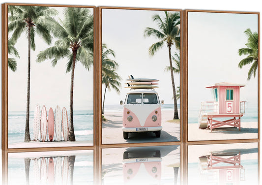 KYLESONLIE Tropical Beach Themed Framed Canvas Wall Art, Pastel Girly Surfboard Wall Decor, Relaxing Hawaii Palm Tree Posters, Coastal Beachy Art Paintings for Girls Bedroom Living Room Dorm 16"x24"x3