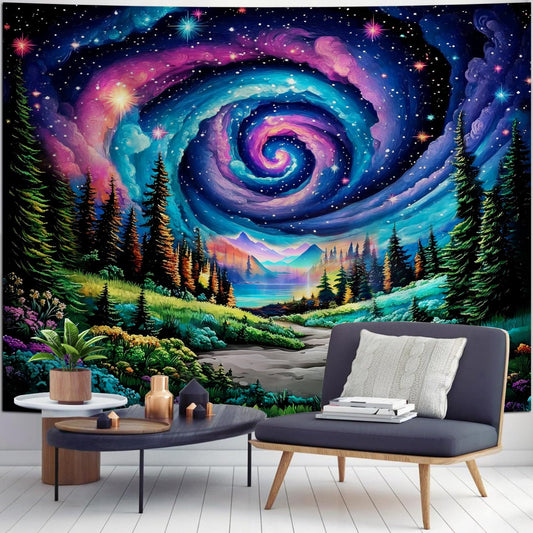 Apdidl Space Galaxy Forest Tapestry for Bedroom, Green Nature Landscape Colorful Night Starry Sky Stars Wall Tapestry, Mysterious Nebula Mountain Wall Hanging Backdrop Decor for Living Room 51" X 60"