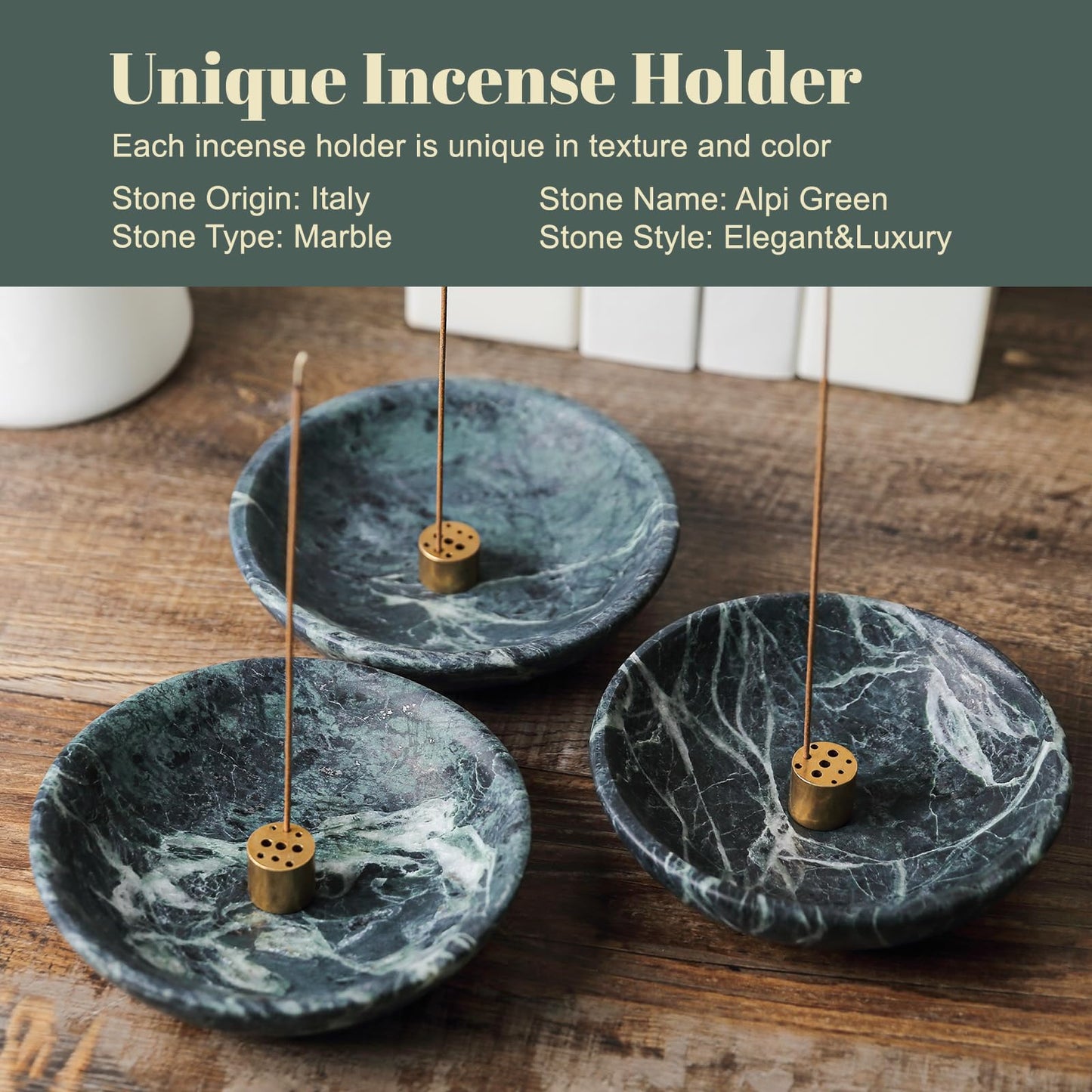 Koville Natural Marble Incense Holder, Incense Holder for Sticks with 9 Holes, Handmade Incense Burner Ash Catcher for Meditation Yoga SPA, Balsam Fir/Palo Santo/Sage/Cone (Green)