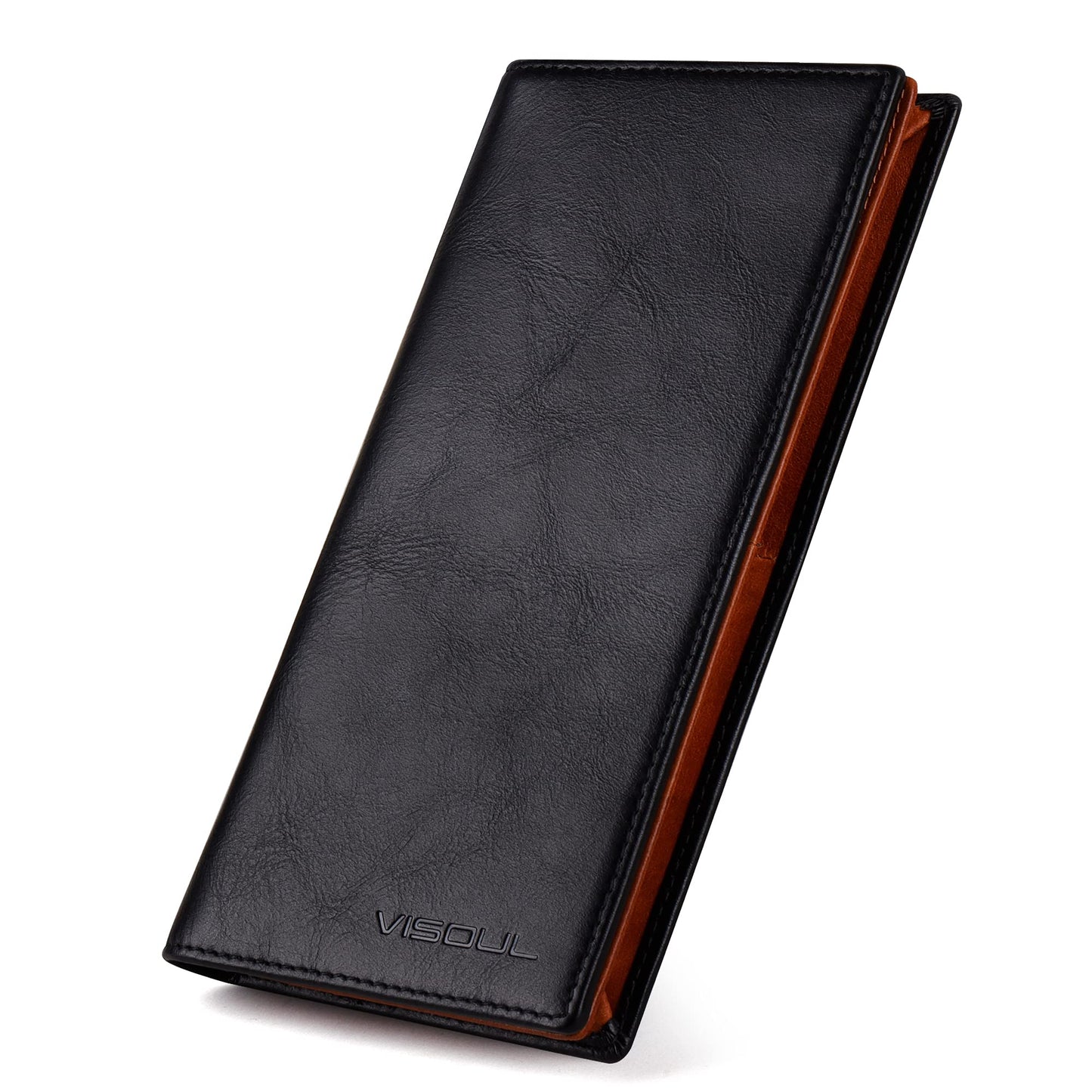 VISOUL Leather Checkbook Cover Wallet for Men with RFID Blocking, Mens Long Bifold Cash Tall Wallet with 11 Credit Card Slots 1 ID Window (Black and Orange)