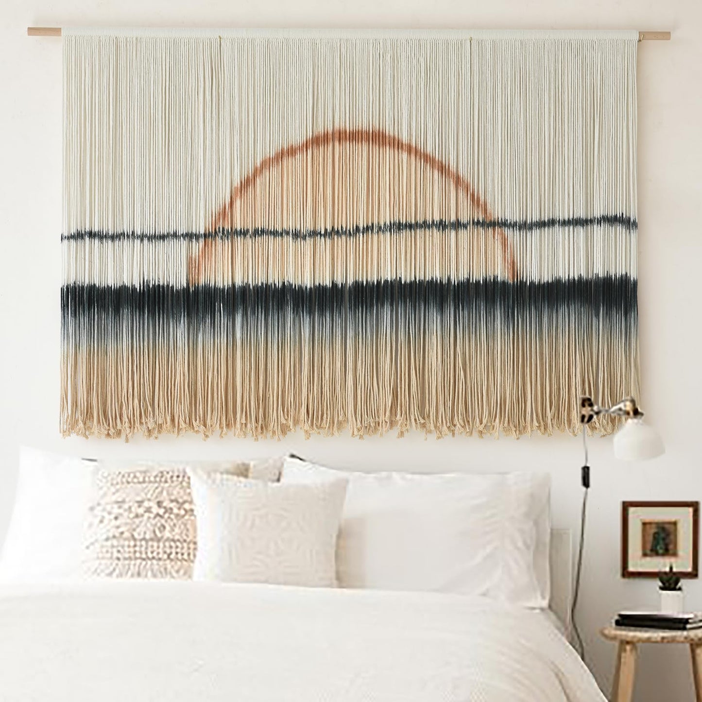 Jakalin Macrame Wall Hanging Large Sunset Dip Dye Boho Tapestry Handmade Woven Cotton Wall Art for Bedroom, Living Room, Above Bed Neutral Modern Minimalist Decor 57" Wx35 L