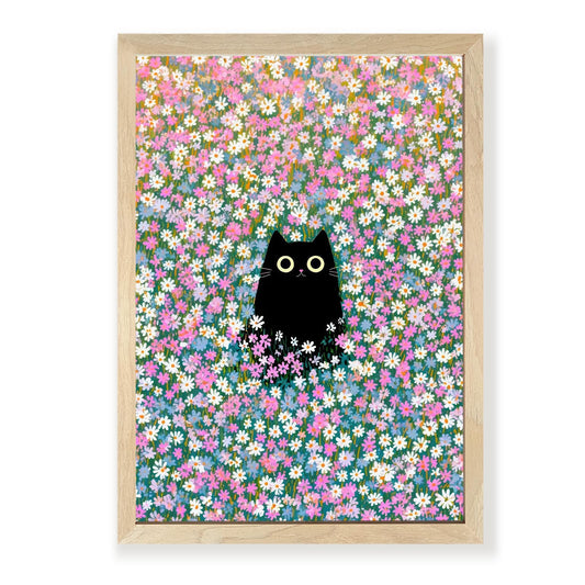 Apokiil Black Cat in Wildflower Field Wall Art - Cute Cat Floral Canvas Print, Poster for Bedroom Living Room Bathroom Wall Decor 24x 16In