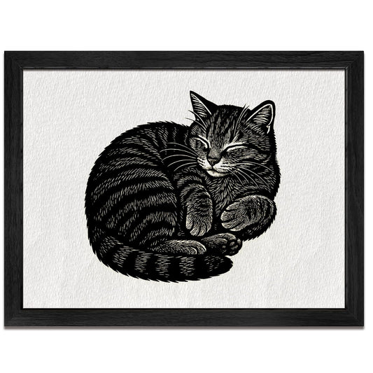 Caelumis Sleeping Cat Wall Art, Black and White Framed Cat Print, Woodcut Style Cat Wall Decor for Living Room, Bedroom or Office, 20 x 16 Inches