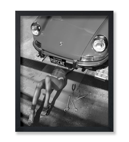 Poster Master Woman Classic Car Poster - Sexy Mechanic Print - Girly Car Enthusiast Art - Black and White Photography - Great Garage or Bedroom Decor - 8x10 UNFRAMED Wall Decor