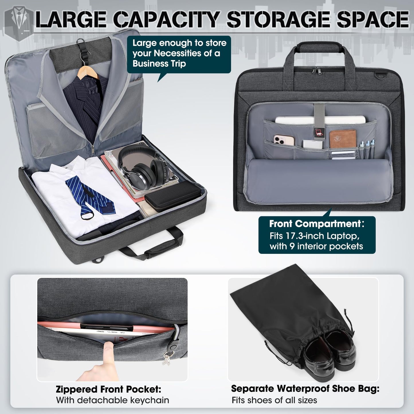 RAINSMORE Garment Bags for Travel Carry On Garment Bag for Hanging Clothes, Suit Bag for Business Trips with Shoes bag & Shoulder Strap, Waterproof Foldable Suit Luggage Bag for Men Women, Gray