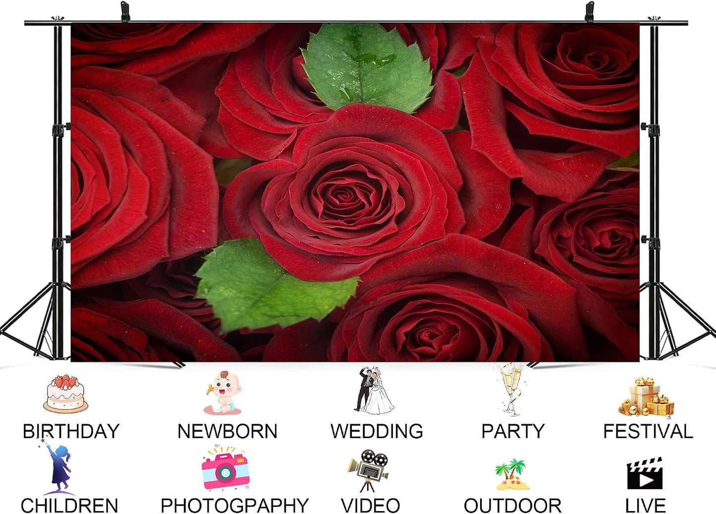 UPXIO 8x6ft Red Roses with Green Leaves Backdrop Romantic Floral Bouquet Photo Background Tapestry for Valentine's Day