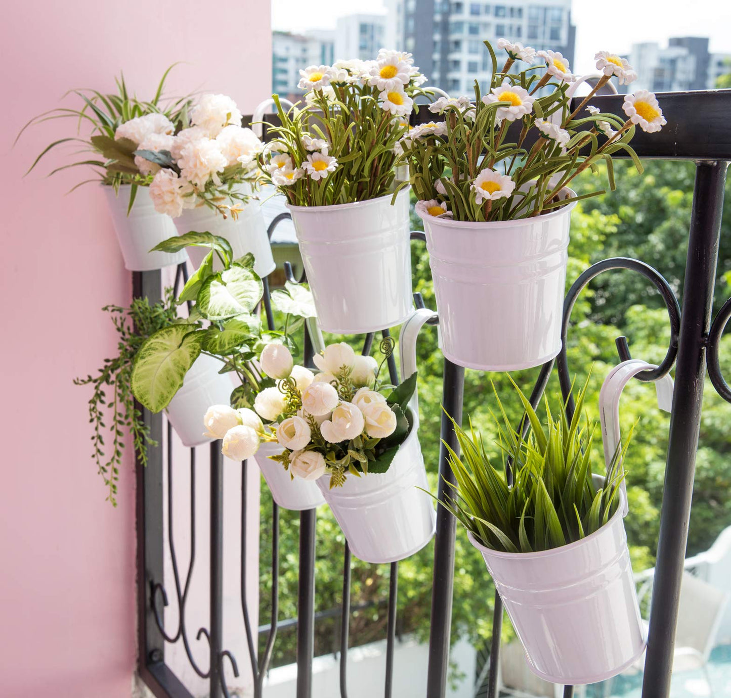 Dahey 10 Pcs Hanging Flower Pots Metal Iron Bucket Planter for Railing Fence Balcony Garden Home Decoration Flower Holders with Detachable Hooks, White, 4 Inches